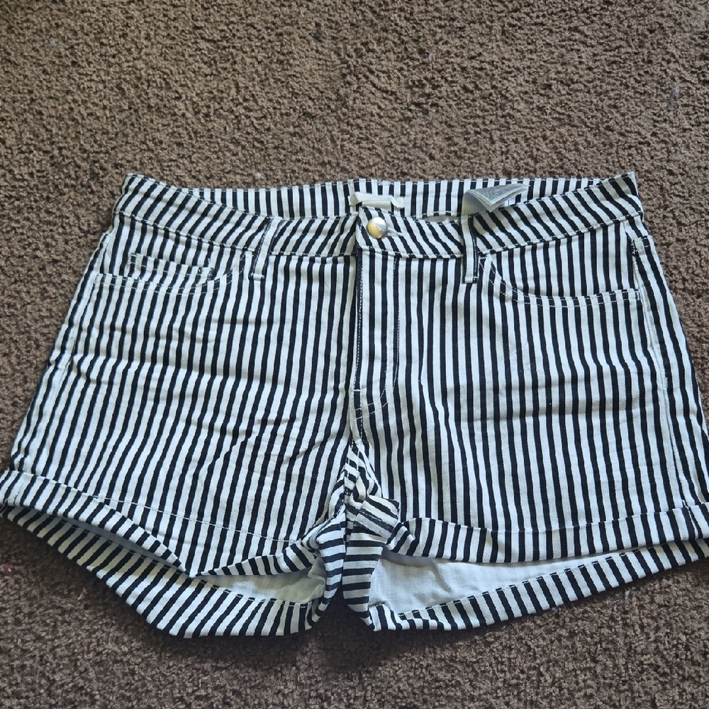 H&M Black and White Striped Denim Jean Shorts Cuffed